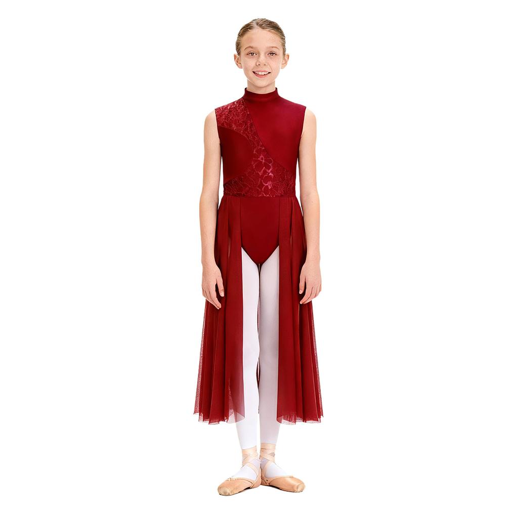 Kinder Mädchen Lyrisches Tanzkleid mit floralem Spitzen-Patchwork: Elegantes Stehkragen- und Cut-out-Rückendesign für Bühnenauftritte