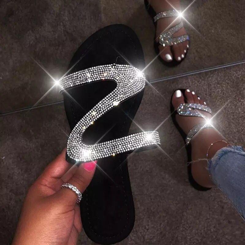 Wish large size rhinestone toe flat bottom cool slippers women's 20 summer new outer slippers