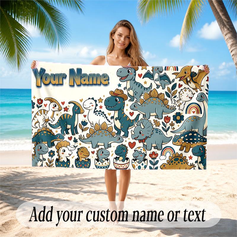 Dinosaur Theme Quick Dry Beach Towel Custom Name Text Print Large Sand Resistant Towel Beach Vacation