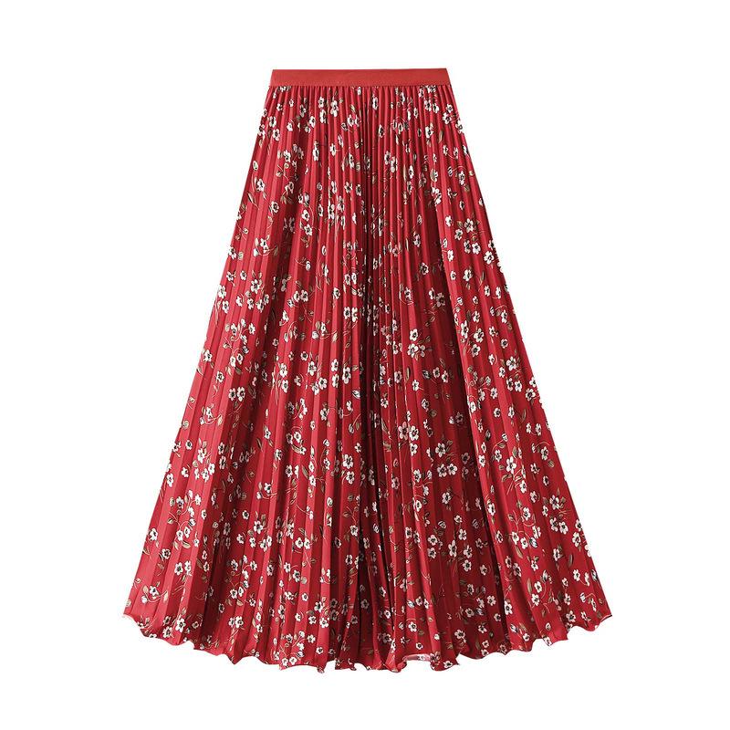 Women's High Waist Floral Pleated Midi Skirt for Spring/Summer 2026 - A-line with Wide Hem (D9908)
