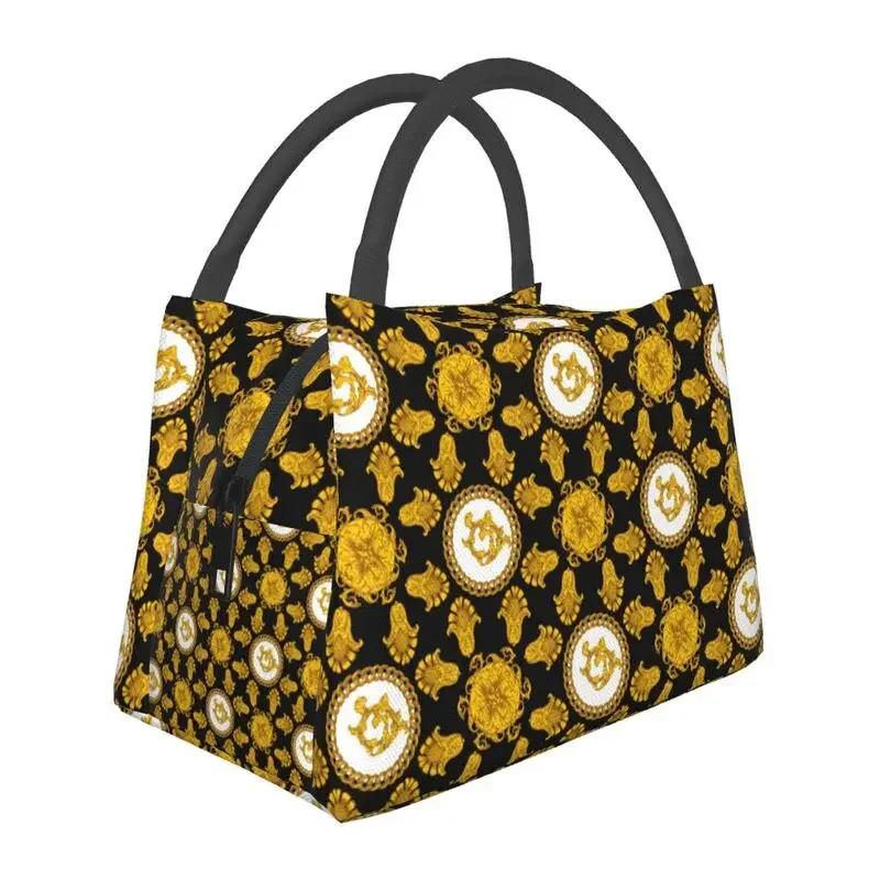 Luxury Golden Europe Floral Insulated Lunch Bag for Work Office Leakproof Thermal Cooler Lunch Box Women