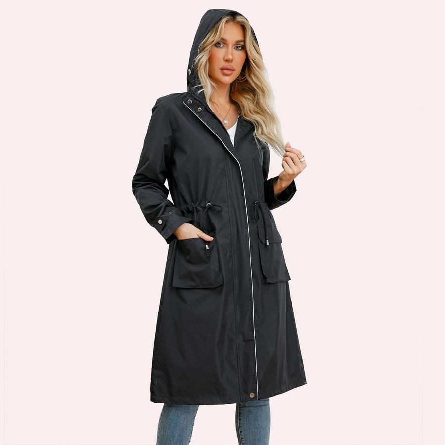 Oversized Long Casual Windbreaker for Women, Waterproof, Hooded, Solid Color Top, Striped Lining, Straight Cut Jacket