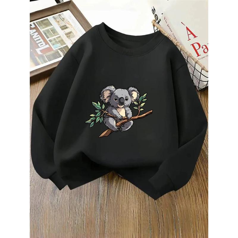 Kids Crewneck Sweatshirt, Cute Koala on Leafy Tree Branch Print, Spring Autumn Casual Sport Tops