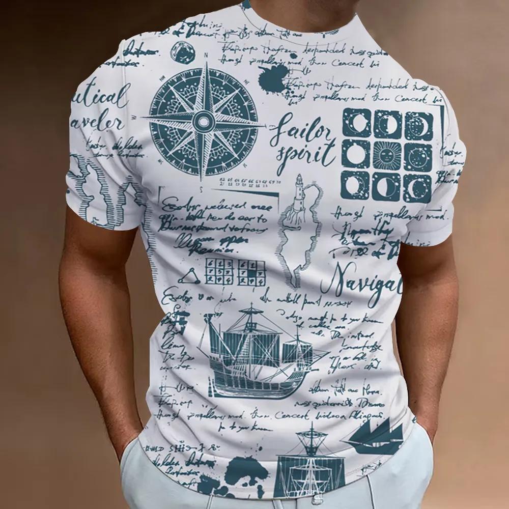 Ny T-skjorte 3D-trykket Nautisk Mønster Sommer Herre Klassisk Vintage T-skjorte Topp Herre Casual Oversized Rund Hals T-skjorte