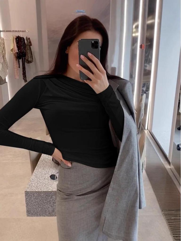 New INS Autumn/Winter Solid Color Asymmetrical Ruched Long Sleeve Slimming T-shirt Base Layer