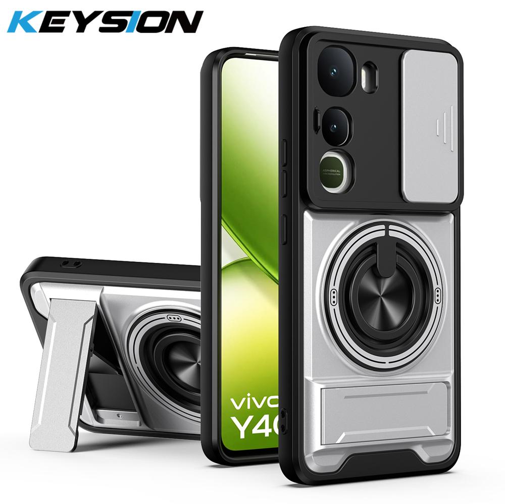 KEYSION Magnetic Phone Case for IQOO Z10 Lite Slide Camera Protection Upright Kickstand Ring Shockproof Cover for IQOO Z10 Lite