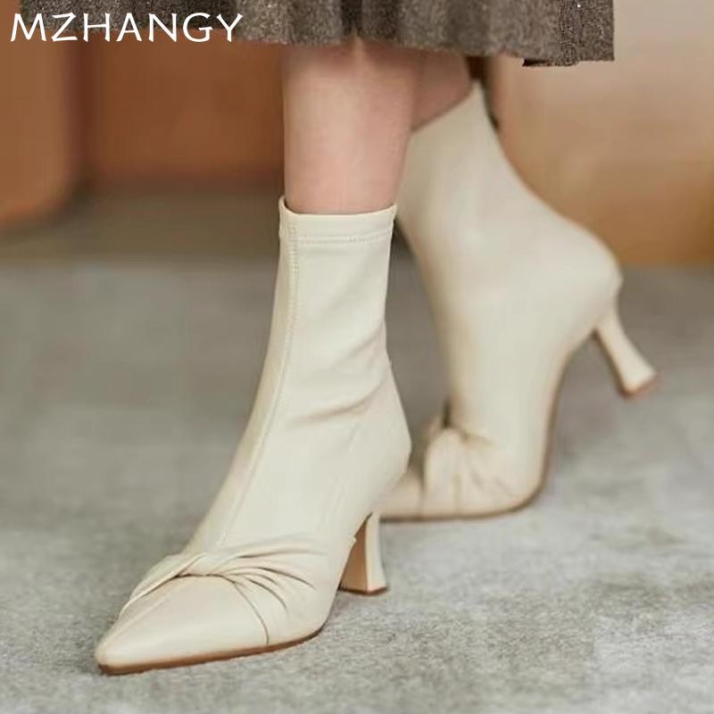 Fashion High Heels Women Ankle Boots Leather Shoes Designer Sexy Pointed Toe Shoes Women 2024 Trend Snow Boots Pumps Elegant Mujer Botas