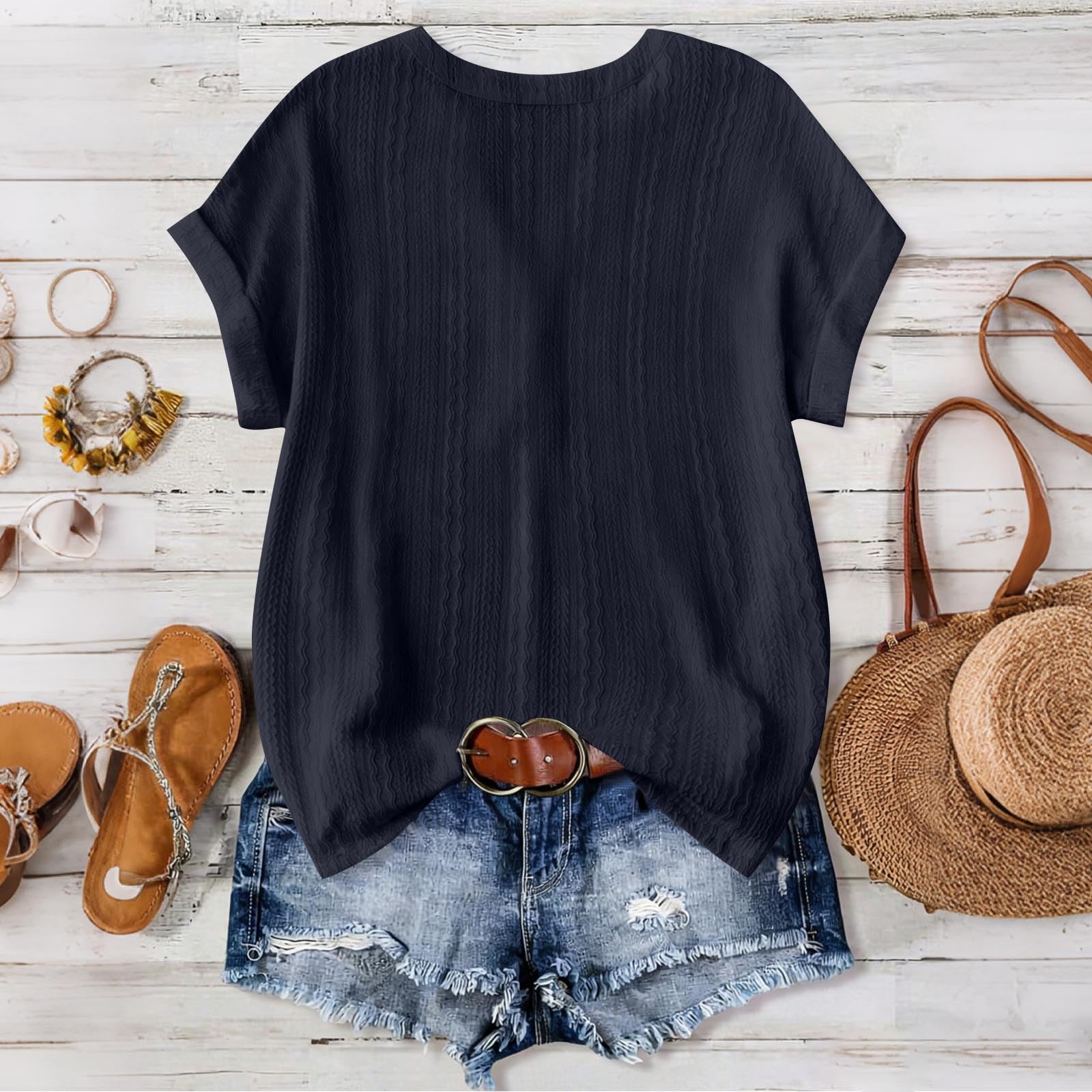 

Womens Short Sleeve Casual V-Neck Tops Knit Blouses T-Shirts S Темно-синій