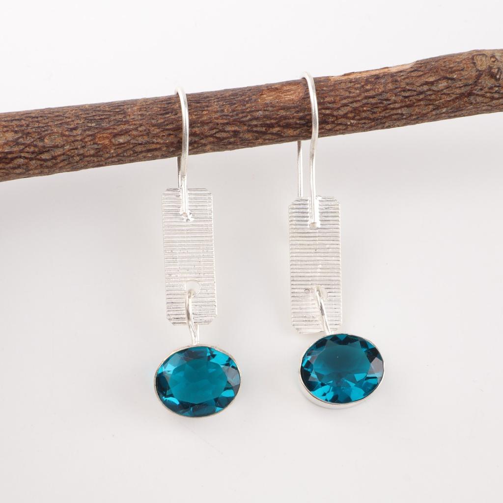 Blue Apatite Gemstone 925 Stamped Silver Designer Jewelry Handmade Earrings 1.9" EE-168-13