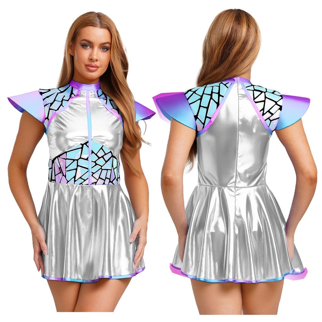 Complete Women‘s Alien Astronaut Halloween Costume S-3XL: Gradient Sequin Mini Dress with Metallic Patchwork & Fly Sleeves