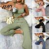 Women Pajamas 2 Pcs/Set Pants Top Suit Low-cut V Neck Sleeveless Solid Color Shirring Drawstring High Sleepwear Set Elastic Waist Lace Summer Homewear
