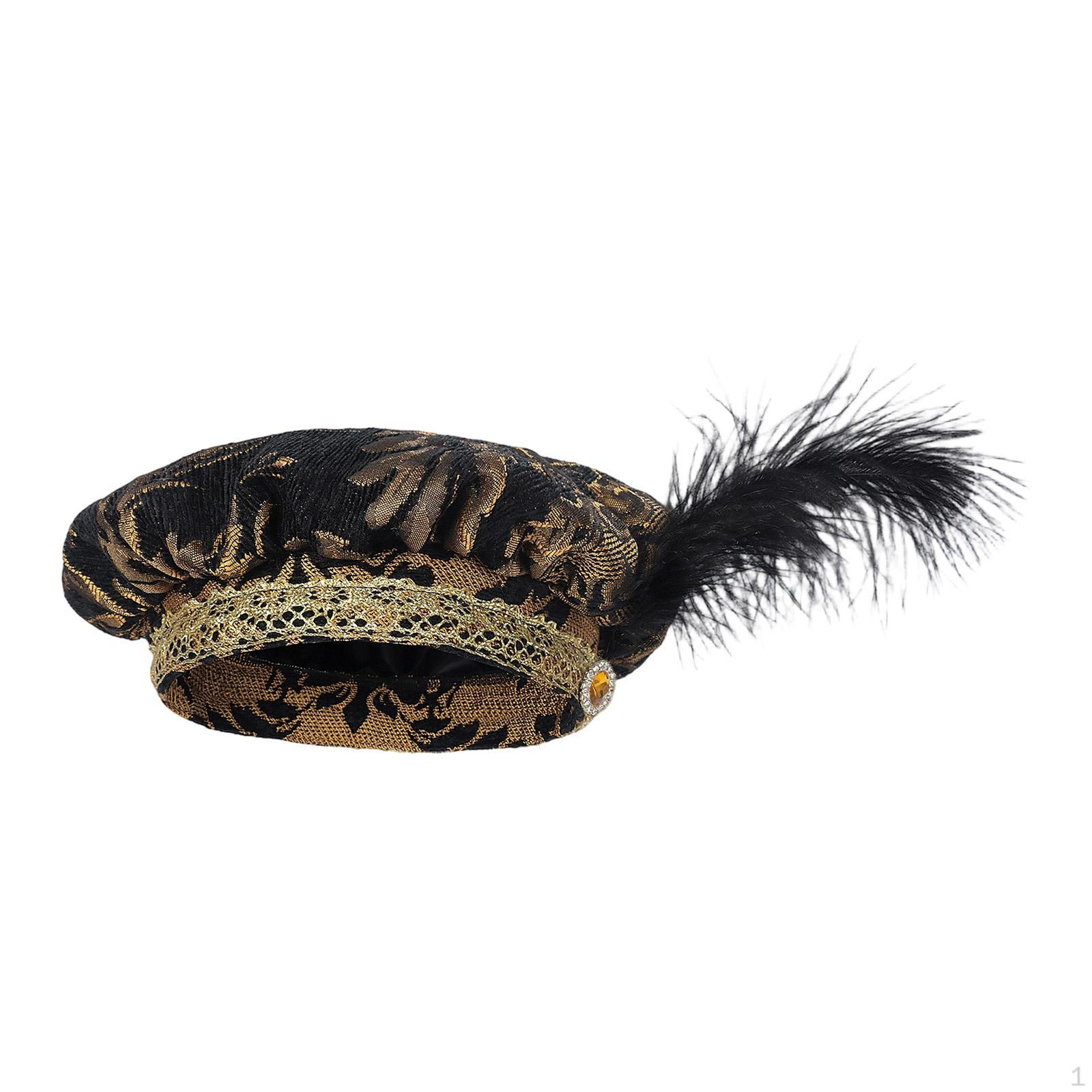 

Medieval Feather Muffin Top Hat Flat Cap Minstrel Costume Cosplay Comfortable Headwear Prop чорний