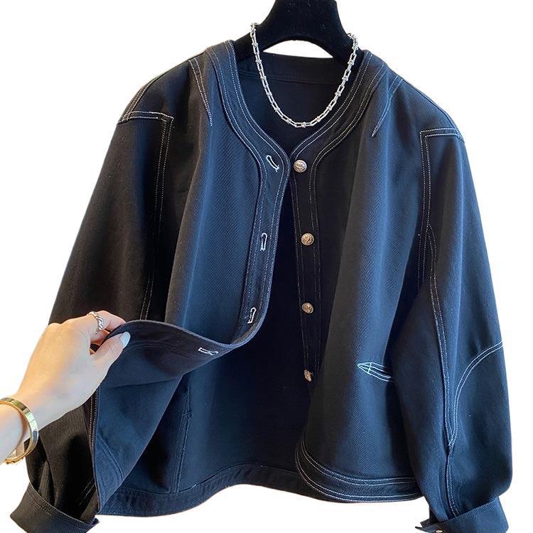 Biała Szeroka Jeansowa Kurtka Damska Sense - Luźna, Bez Kołnierza, Zakrzywiony Detal na Wiosnę i Jesień 2025