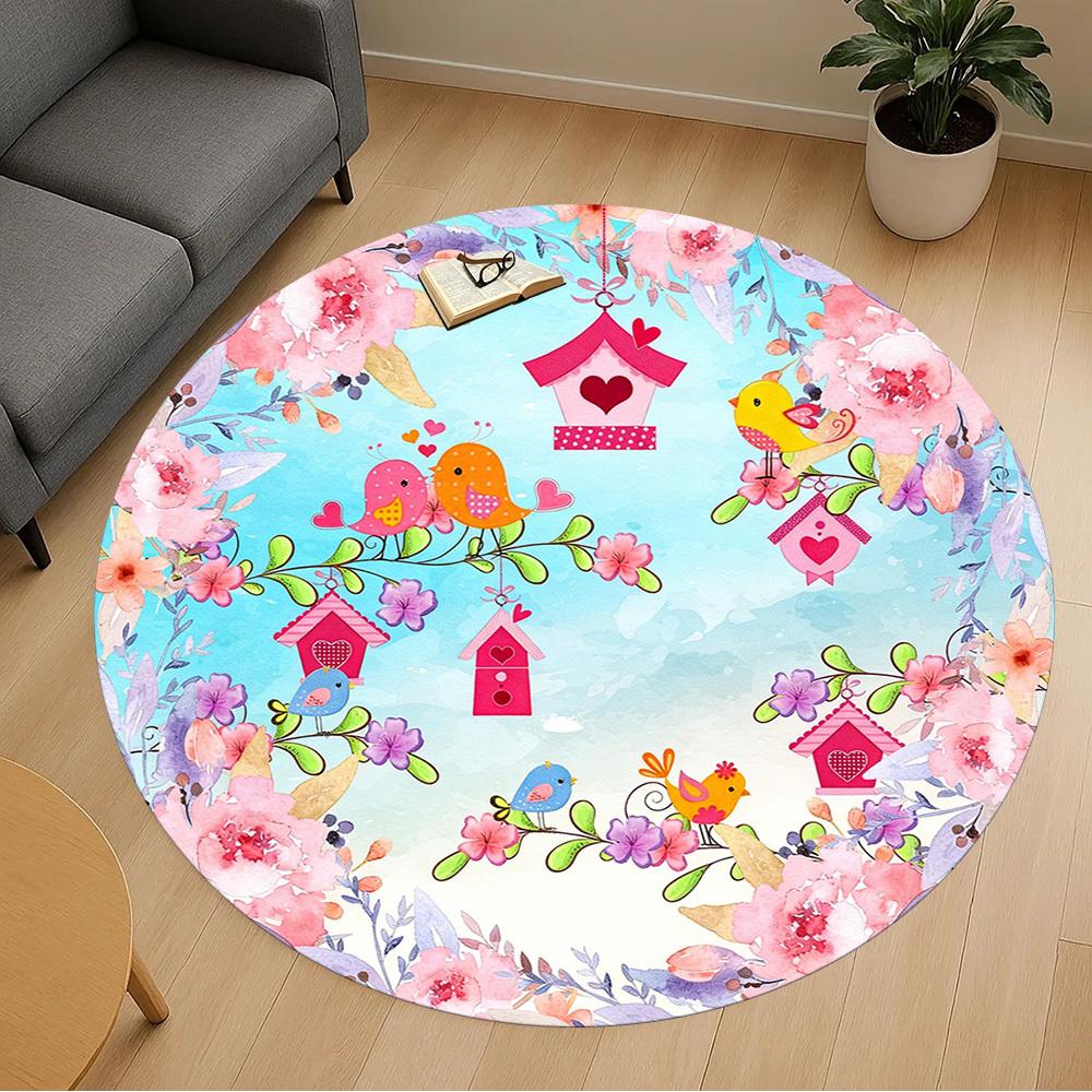 1pc Birds Flowers Round Chair mat office Area Rug - Non-Slip, Floor Mat for Office, Bedroom, and Indoor Decor p127220
