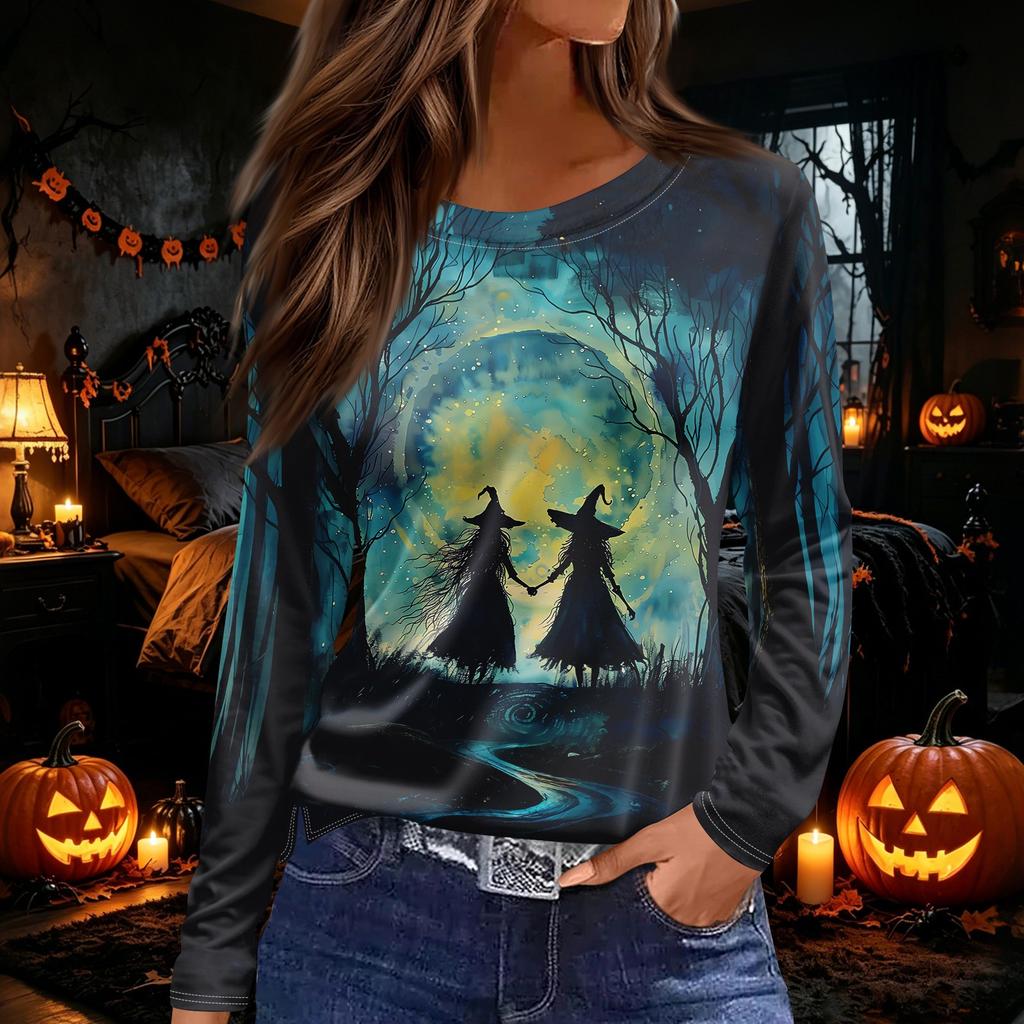 Women's Halloween Print Long Sleeve Top with Side Slit Hem, Round Neck