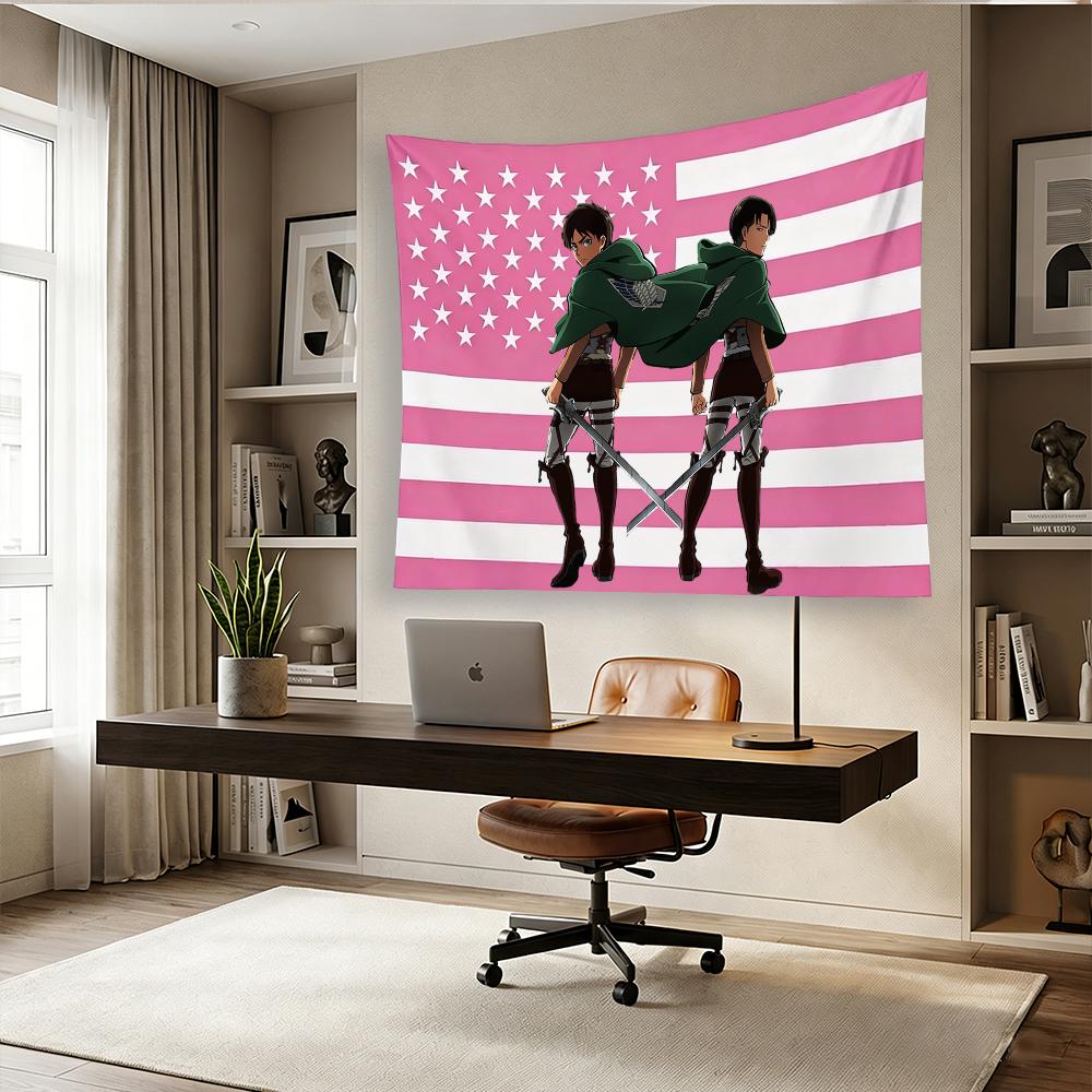 Attack On Titan Eren & Levi Pink American Flag Tapestry, Anime Fan Merch Wall Hanging For Bedroom Living Room, Flat Print Decor