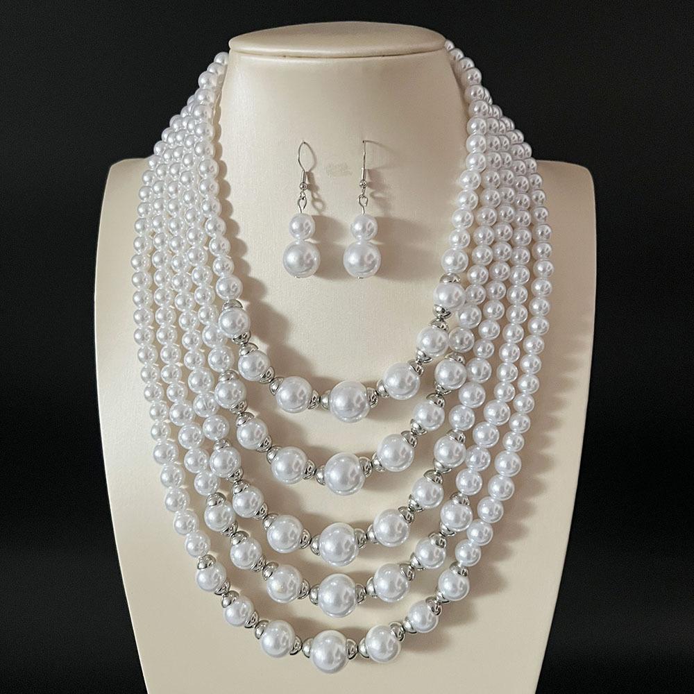

European and American Luxury Exaggerated Multi-layer Pearl Necklace Beaded Noble Temperament Versatile Earring Set