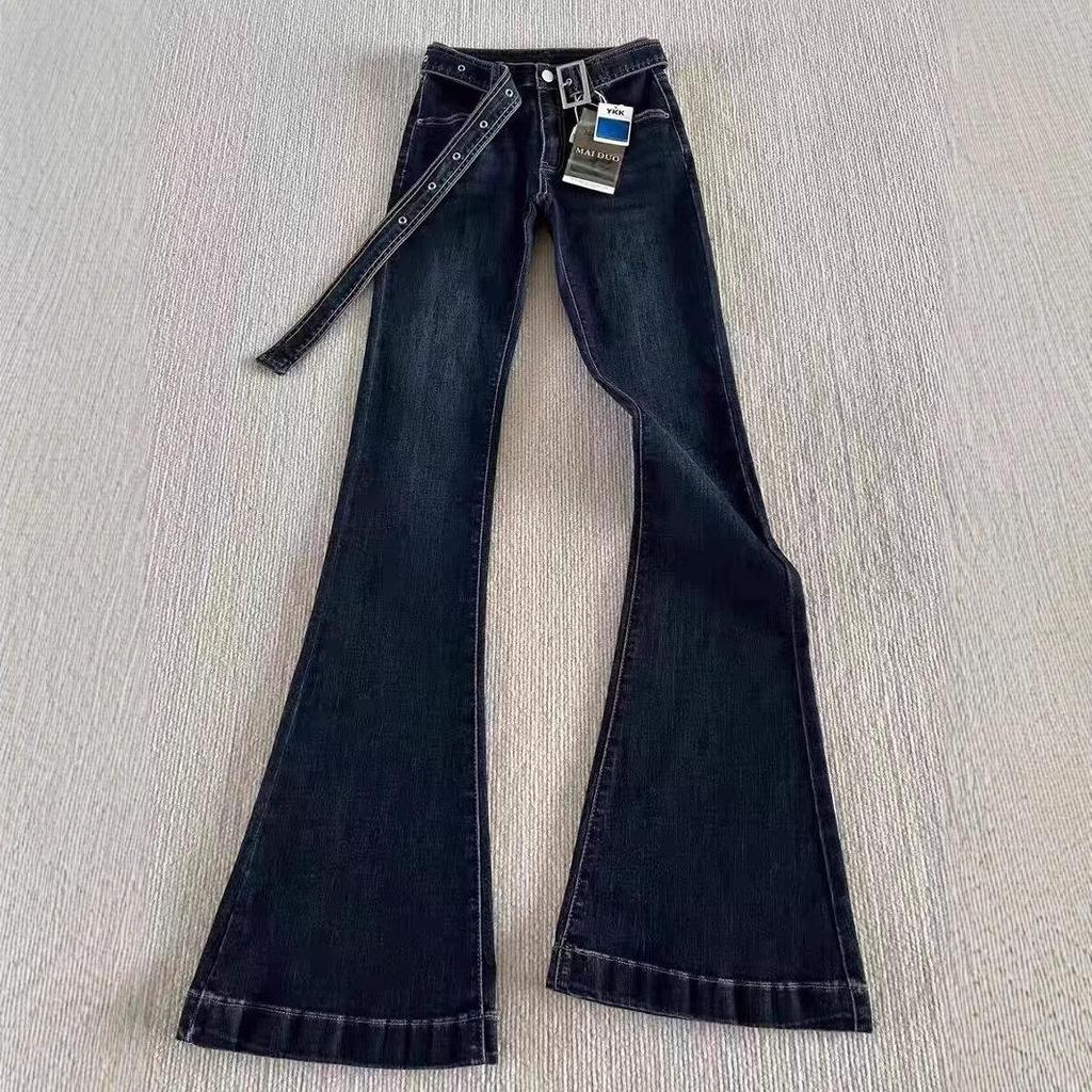 Women's Dark Blue High-Waisted Micro-Flared Jeans, Slim and Elastic, Autumn 2024 Trendy Wide-Leg Pants