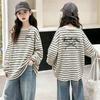 Girls' Fashionable Striped Cotton Long-Sleeve T-shirt for Ages 6-15 - Stylish Casual Patchwork Design
