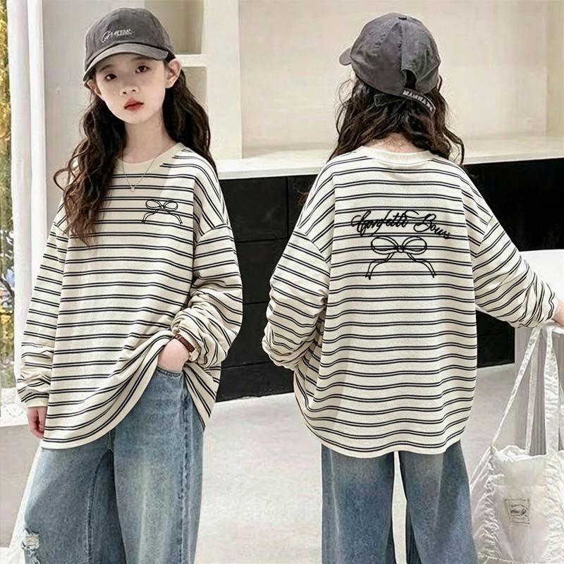 Girls' Fashionable Striped Cotton Long-Sleeve T-shirt for Ages 6-15 - Stylish Casual Patchwork Design