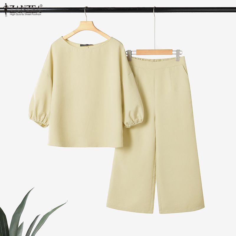 ZANZEA Damska bluzka i spodnie z rękawem 3/4, codzienne dwuczęściowe zestawy garniturów