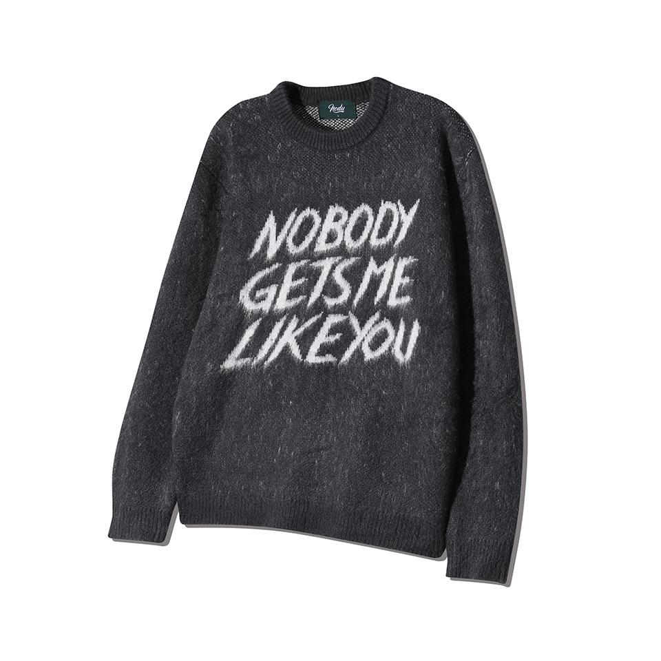 NODU Brushed Lettering Jacquard Round Hairy Knit [Charcoal]