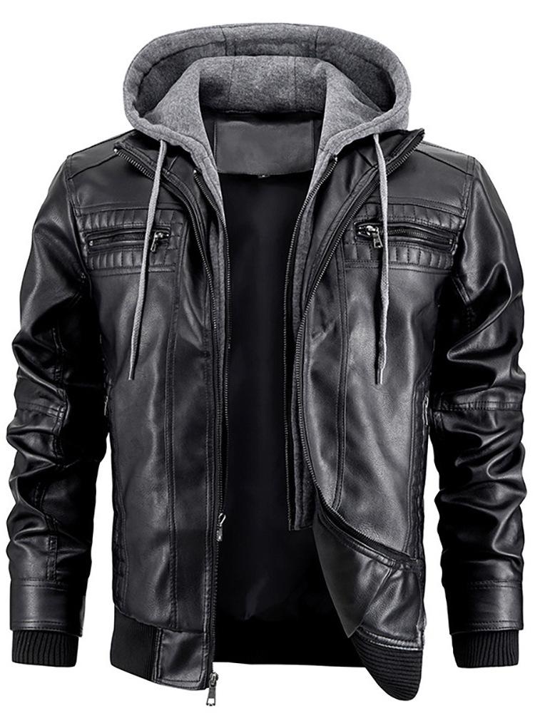 Men's PU Leather Hooded Jacket - European & American Style, Autumn/Winter Motorcycle Design
