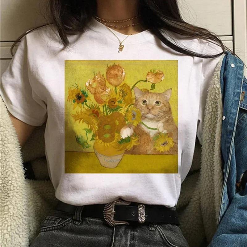 T-shirts Women Cat Oil Painting Printed Funny Graphic Tee Shirt Summer Short Sleeve Casual White Tops Harajuku Clothing