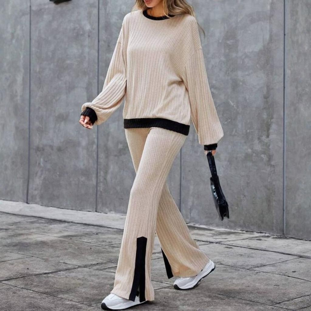 Women's Fashionable Color Blocked Round Neck Long Sleeved Top, High Waist Split Casual Pants Loose Home Suit Set