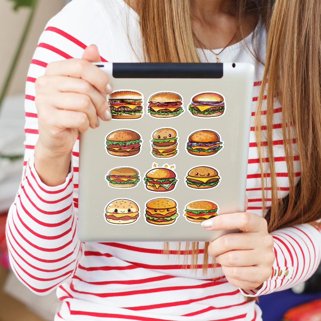 50Pcs Cute Cartoon Burger Stickers – Waterproof Reusable Decals for Luggage, Laptop, Journal