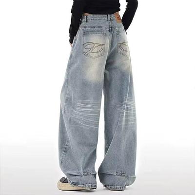 American High Street Unisex Wide-Leg Washed Denim Jeans - Casual Loose Fit for Autumn