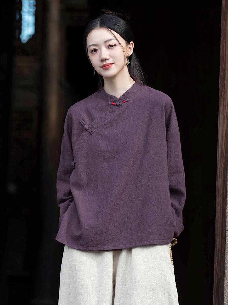 Spring Cotton Linen Women's Retro Handmade Wrapped Button Zen Tea Shirt