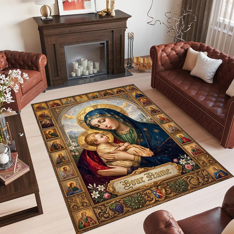 Virgin Mary Theme Crystal Velvet Rug Personalized Custom Name Text Soft Floor Mat Home Decor