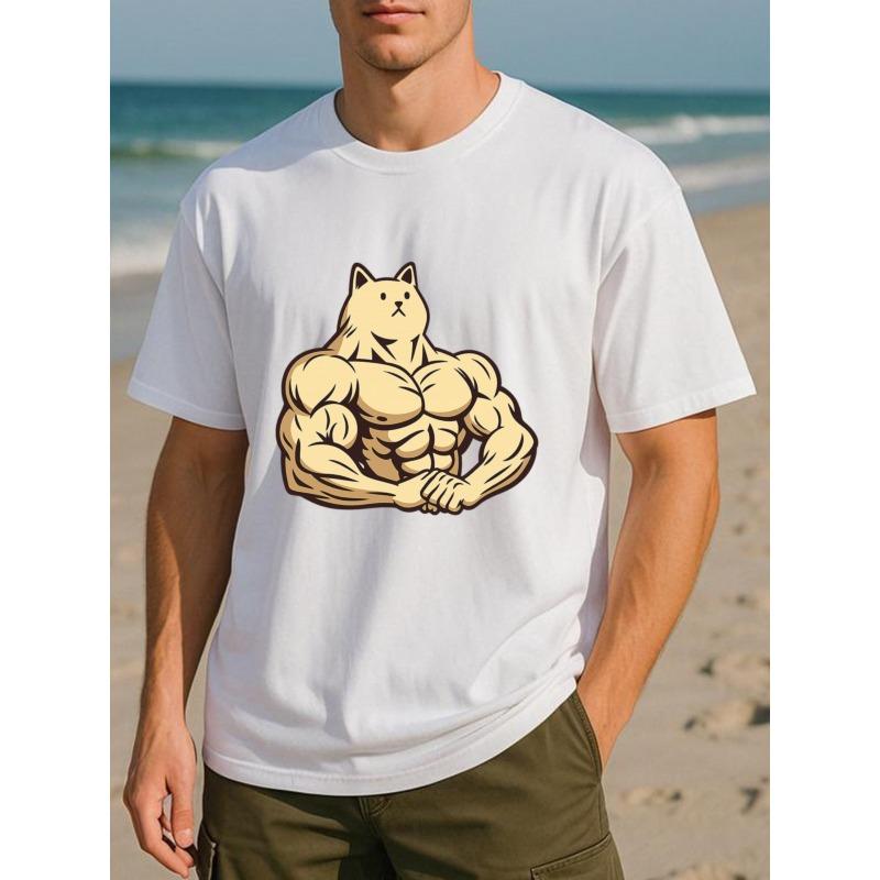 European size A Stylish Short-Sleeved T-Shirt Featuring a Muscular Cat Design, Perfect for Men. This Top Breathable Fabric with Medium Elasticity