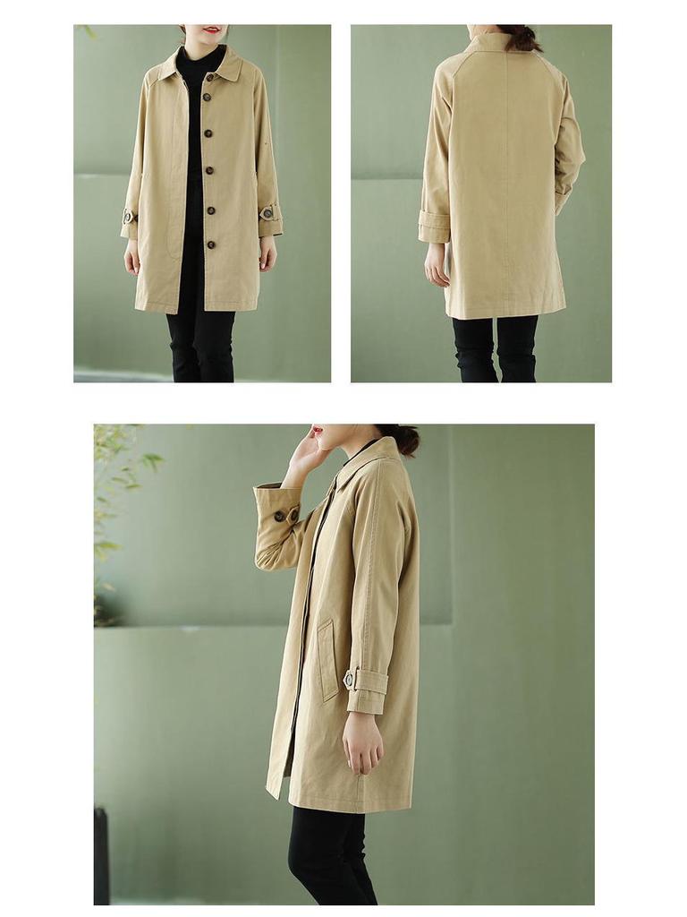 Women's Plus-Size Washed Cotton Trench Coat, Mid-Length, Loose Fit, Korean Style, for Spring and Autumn.