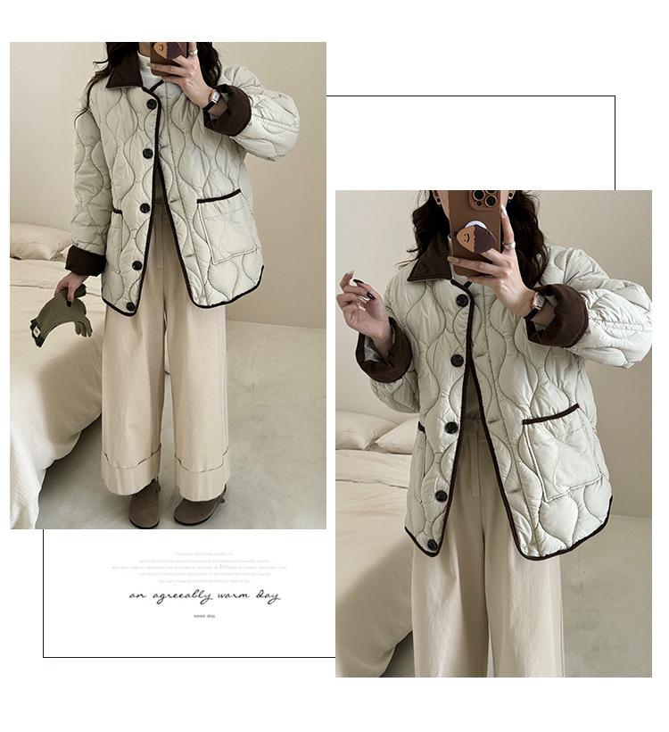 Contrast Color Thin Light Lapel Warm Short Loose Autumn Jacket