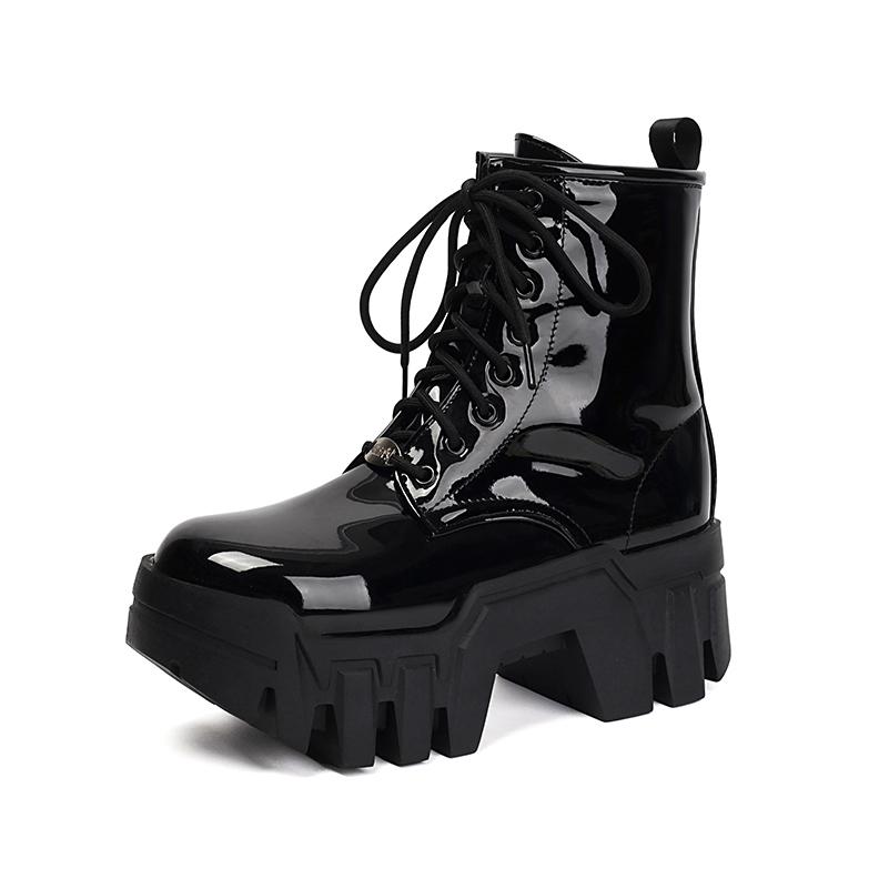 Plus Size Sponge Cake Heel Thick Sole Rubber Glossy Patent Leather Short Boots Lace Up Zipper Height Increasing Women's Boots