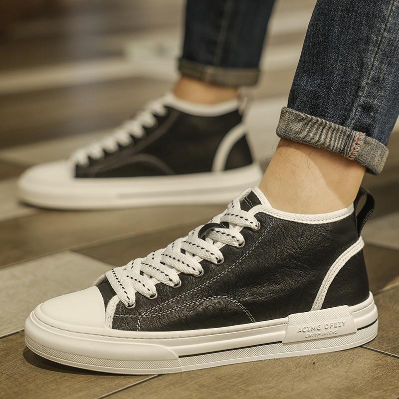 Fashion High Quality Men Casual Leather Shoes Outdoor Flat Designer Sports Shoes High Top Soft Bottom Shoes Brand Comfy Office Work Shoe