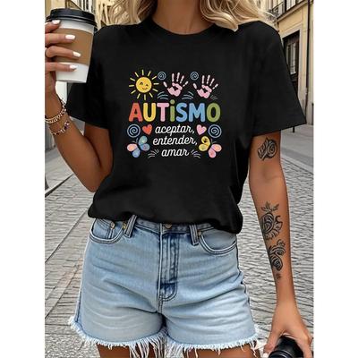 1pc Autismo Acceptance And Love Printed Women'S Crew Neck Short Sleeve T-Shirt | Casual Style, All-Season, Regular Fit, Slight Stretch Fabric