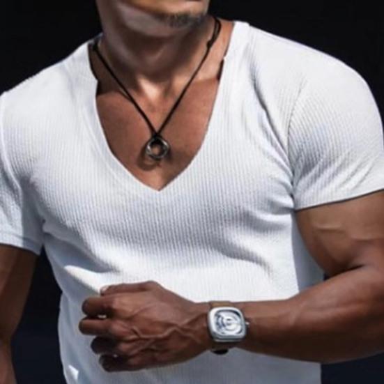Men Shirt V-Neck Solid Color Breathable Sweat Absorption Quick Dry Dress-up Washable Summer Men Sports T-Shirt Pullover Top for Men