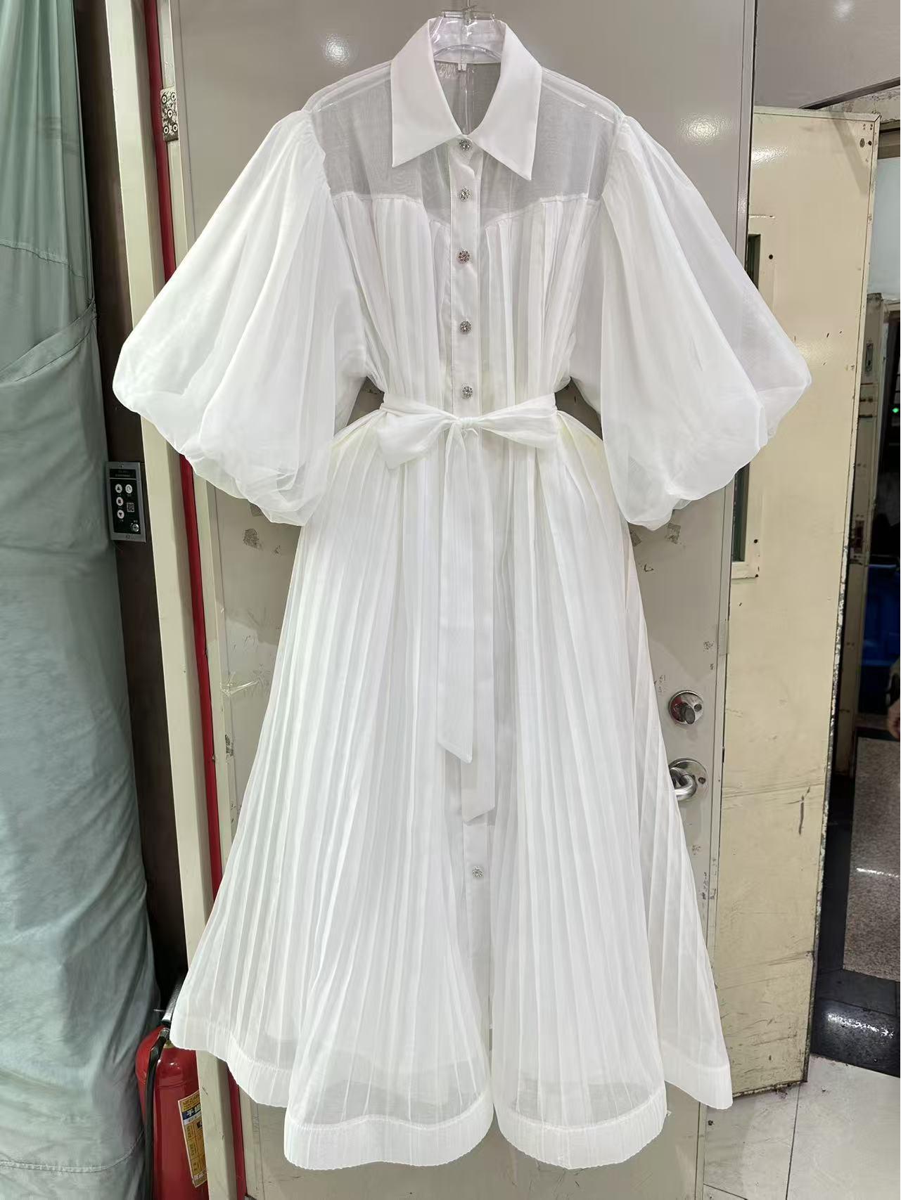 Plus Size European & American Elegant Puff Sleeve Pleated Dress S