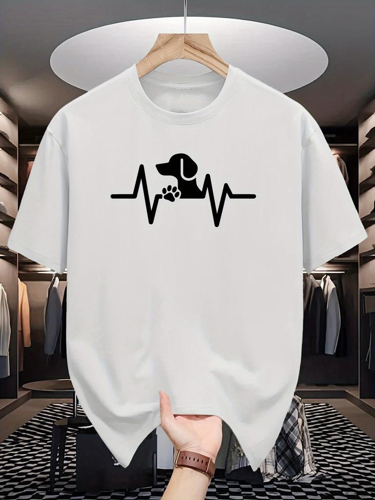 Unisex Crew Neck Tee Cute Dog Heartbeat Paw Minimal Line Print Soft Cotton Loose Short Sleeve Summer Casual Male Streetwear Tops
