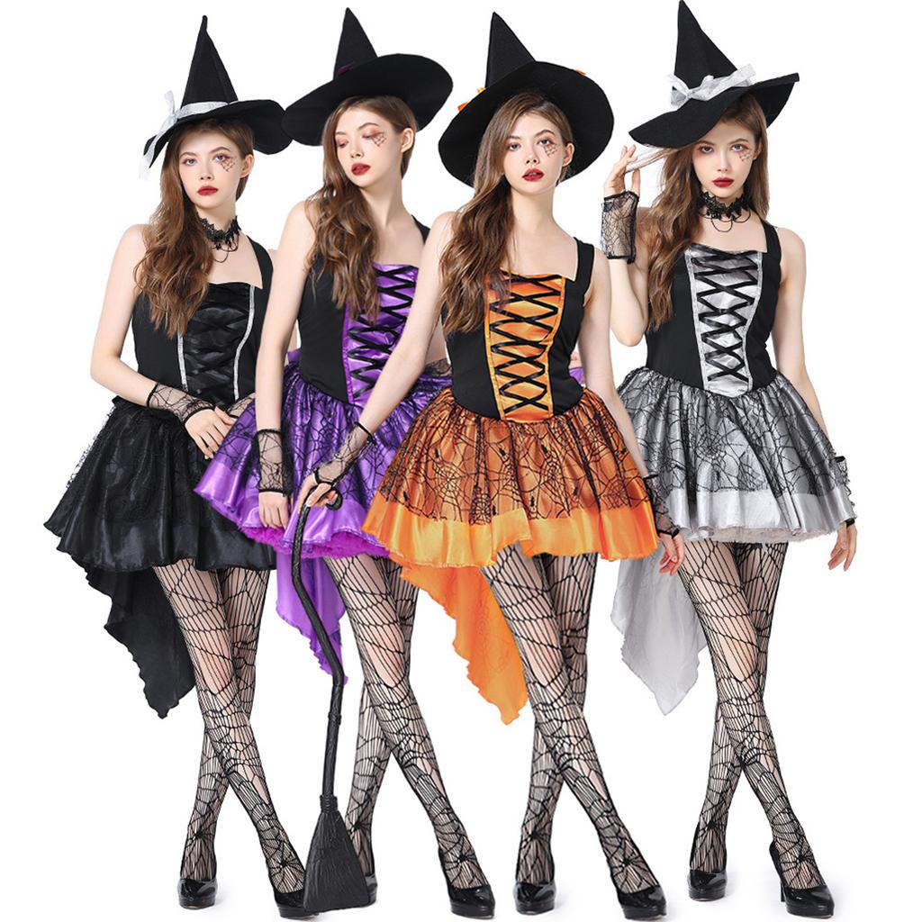 Women's Halloween Witch Costume Spaghetti Strap Dress with Hat and Bracelet Set