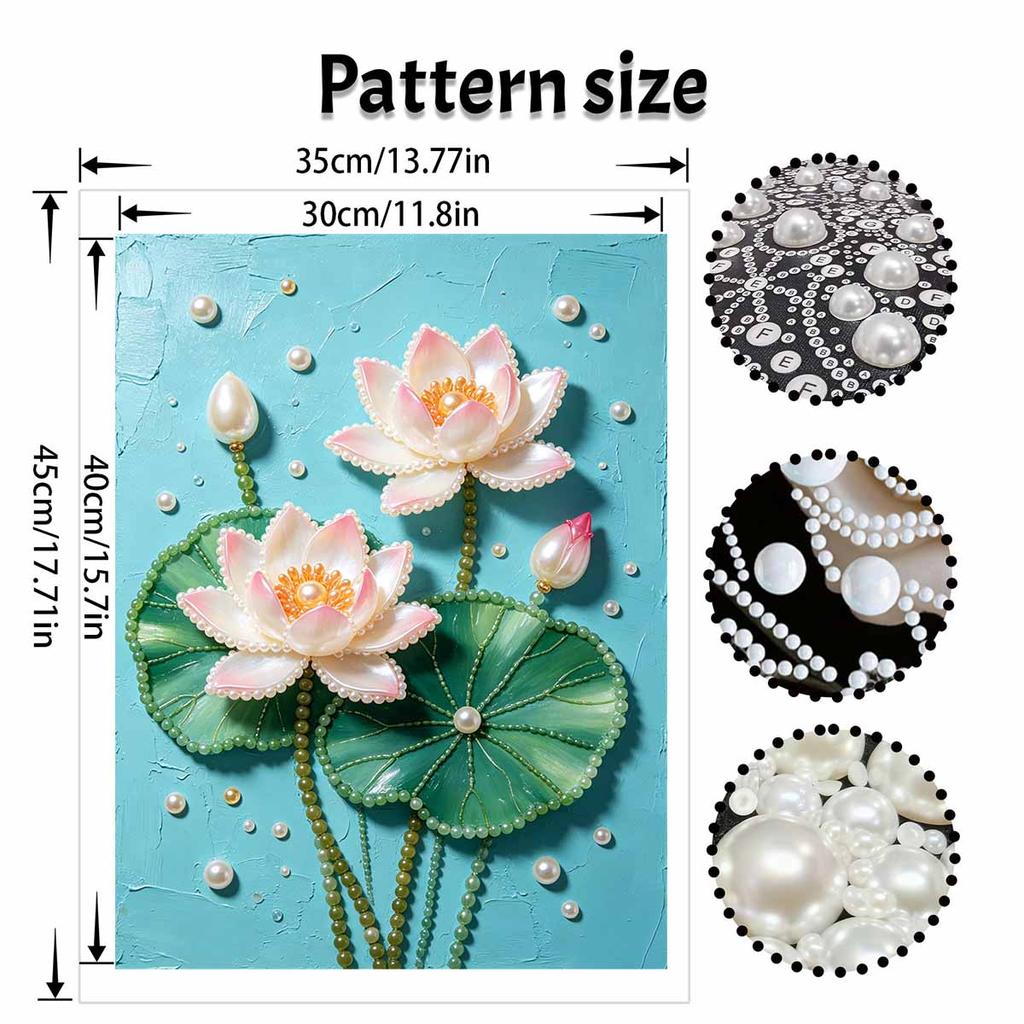 Pearl Painting Art Handmade Pink White Lotus Flower Lily Pad Pond Water Garden Floral Wall Decor DIY Pearl Decoration Painting