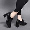 Women's shoes spring new high-heeled temperament single shoes black first-layer cowhide thick-heeled lace-up deep-mouth square-head single shoes