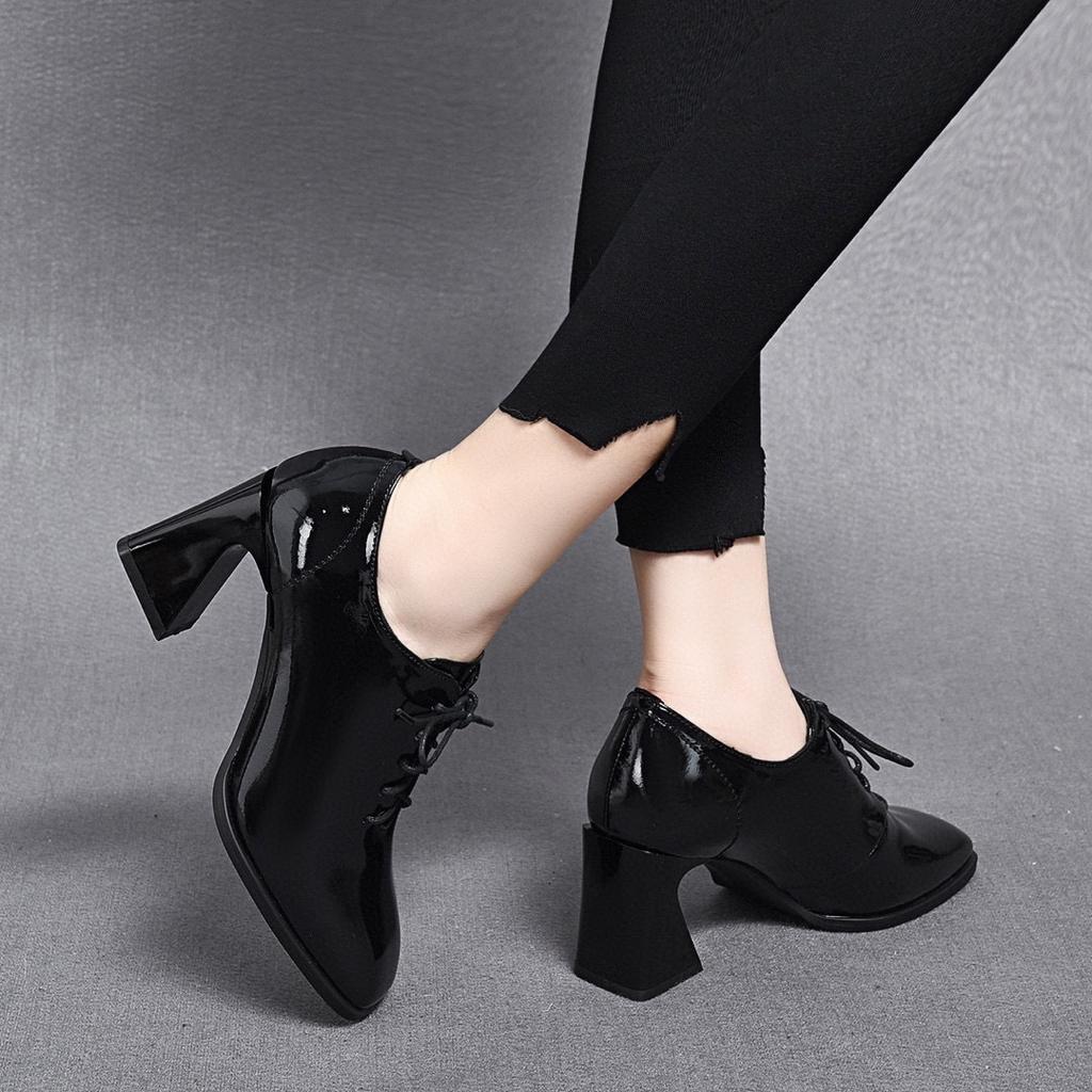 Women's shoes spring new high-heeled temperament single shoes black first-layer cowhide thick-heeled lace-up deep-mouth square-head single shoes