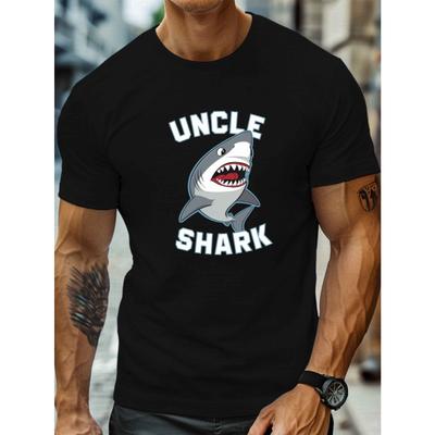 European Size 1pc Men'S Uncle Shark Graphic T-Shirt - Casual Crew Neck Short Sleeve Tee, Cotton Knit Fabric with Slight Stretch, Geometric Pattern