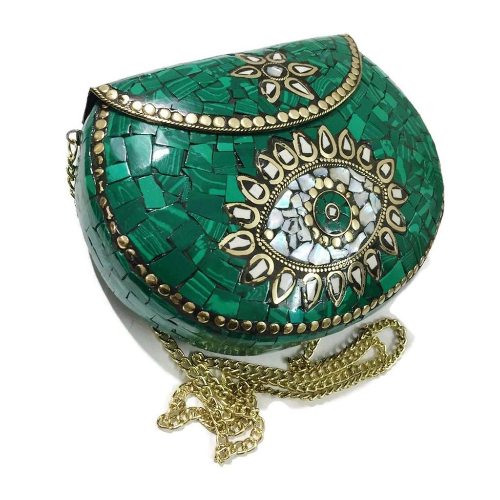 Turquoise Stone Mosaic Metal Bag Antique Ethnic Bridal Clutch Indian Purse Party Clutch Women Bag