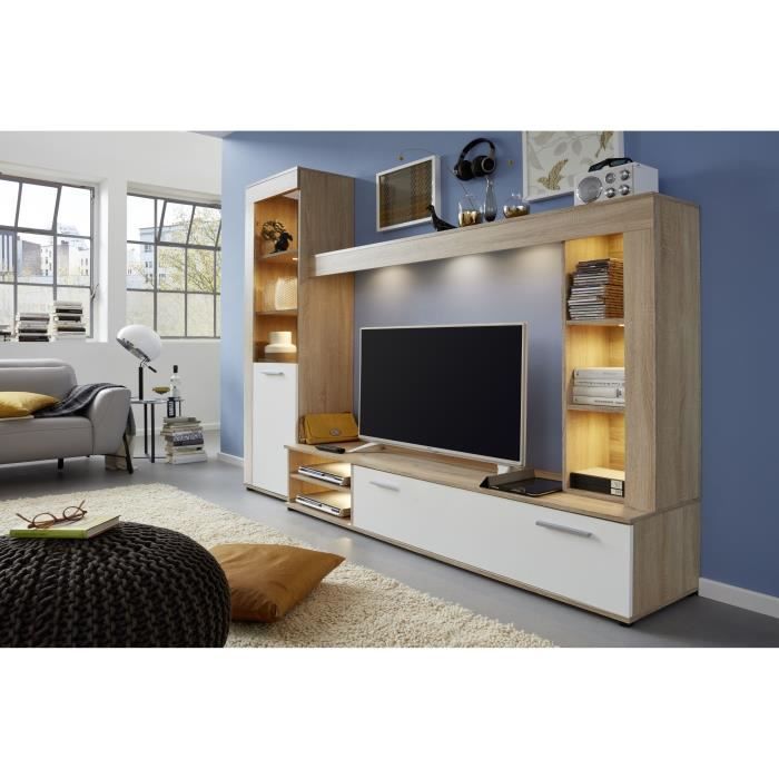 Ensemble meuble TV 3 pièces LOGO - 1 Porte - LED - Mélamine chêne clair et blanc mat - L240 x P41 x H185 cm - TRENDTEAM