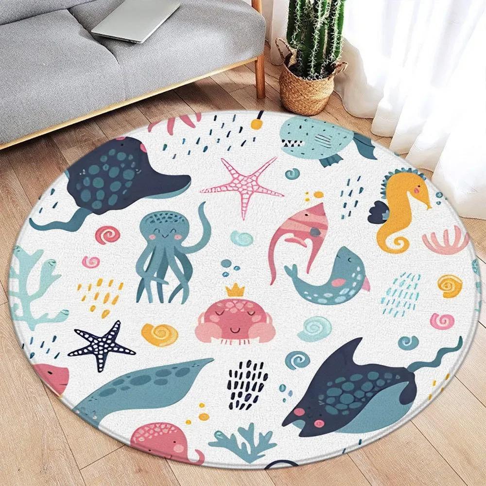 Cartoon Style Round Carpet with Ocean Fish, Whales, Dolphins, Sharks and Cute Land Animals, Kids' Bedroom Mat Decorative Mat